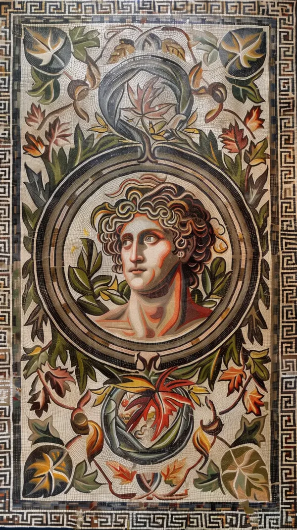 Mosaico de un joven con cabello rizado rodeado de hojas y flores. | CUADROS DE ATREZZO PARA CINE Y PUBLICIDAD