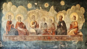 Fresco religioso con figuras de santos y un fondo celestial. | CUADROS DE ATREZZO PARA CINE Y PUBLICIDAD