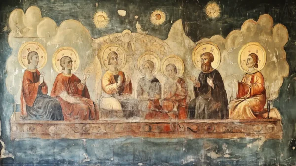 Fresco religioso con figuras de santos y un fondo celestial. | CUADROS DE ATREZZO PARA CINE Y PUBLICIDAD