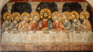 Representación de la Última Cena con Jesús y sus discípulos en una mesa. | CUADROS DE ATREZZO PARA CINE Y PUBLICIDAD