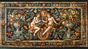 Fresco decorativo con figuras humanas y abundante flora y fauna. | CUADROS DE ATREZZO PARA CINE Y PUBLICIDAD