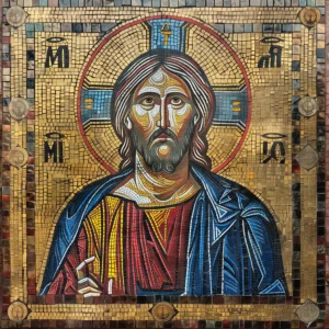 Icono religioso de Cristo con fondo dorado y detalles en mosaico. | CUADROS DE ATREZZO PARA CINE Y PUBLICIDAD