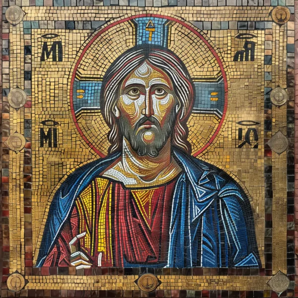 Icono religioso de Cristo con fondo dorado y detalles en mosaico. | CUADROS DE ATREZZO PARA CINE Y PUBLICIDAD