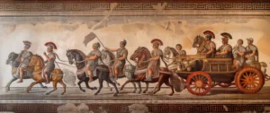 Mosaico que representa un desfile de guerreros romanos montando a caballo. | CUADROS DE ATREZZO PARA CINE Y PUBLICIDAD