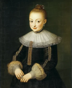 Retrato de una niña con un vestido negro y un gran cuello blanco. | CUADROS DE ATREZZO PARA CINE Y PUBLICIDAD