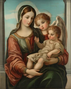 Retrato de la Virgen María sosteniendo al niño Jesús y un ángel. | CUADROS DE ATREZZO PARA CINE Y PUBLICIDAD