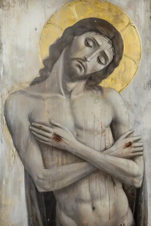 Retrato de Cristo con expresión melancólica y aureola dorada. | CUADROS DE ATREZZO PARA CINE Y PUBLICIDAD