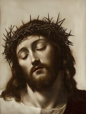 Retrato de Cristo con corona de espinas y expresión serena. | CUADROS DE ATREZZO PARA CINE Y PUBLICIDAD