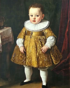 Retrato de un niño vestido con un traje dorado y un gran cuello blanco. | CUADROS DE ATREZZO PARA CINE Y PUBLICIDAD