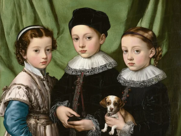 Retrato de tres niños con un perro, vestidos con ropas de época. | CUADROS DE ATREZZO PARA CINE Y PUBLICIDAD