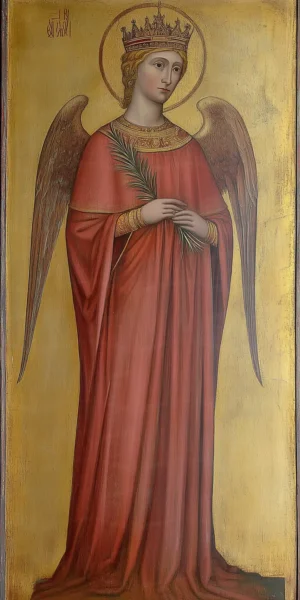 Retrato de un ángel con corona, vestido en túnica roja y sosteniendo una rama. | CUADROS DE ATREZZO PARA CINE Y PUBLICIDAD