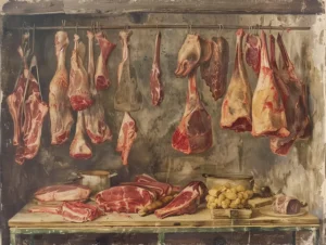 Naturaleza muerta con carne colgando y un fondo de mesa con productos cárnicos. | CUADROS DE ATREZZO PARA CINE Y PUBLICIDAD