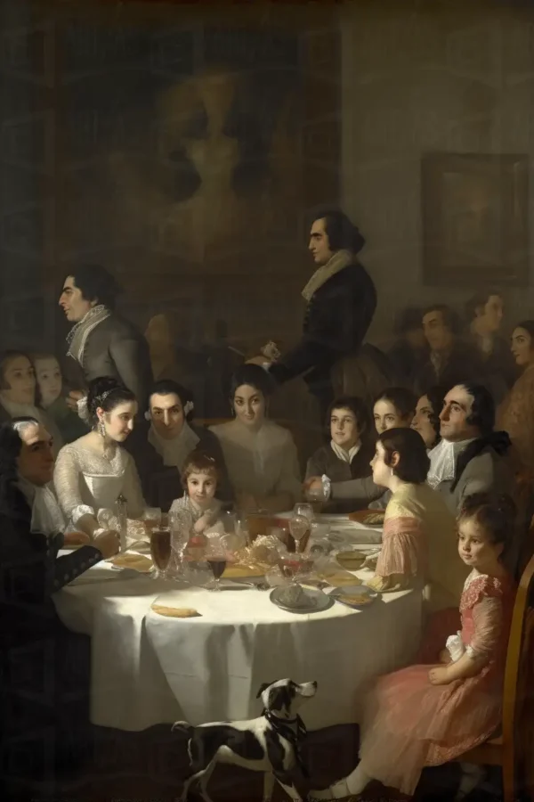 Escena de una cena familiar con varios personajes sentados alrededor de una mesa. | CUADROS DE ATREZZO PARA CINE Y PUBLICIDAD