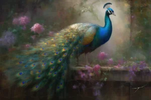 Pavo real posado entre flores, mostrando su plumaje colorido. | CUADROS DE ATREZZO PARA CINE Y PUBLICIDAD