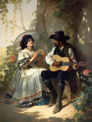 Escena de dos figuras sentadas, una mujer con vestido tradicional y un hombre tocando la guitarra. | CUADROS DE ATREZZO PARA CINE Y PUBLICIDAD