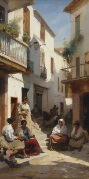 Escena de un grupo de personas en una calle con casas blancas y balcones. | CUADROS DE ATREZZO PARA CINE Y PUBLICIDAD