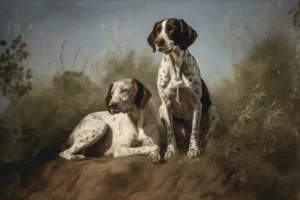 Dos perros de caza sentados en un entorno natural. | CUADROS DE ATREZZO PARA CINE Y PUBLICIDAD