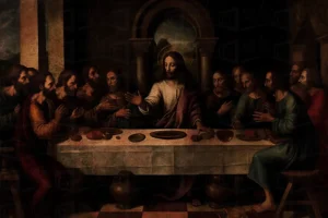 Representación de la Última Cena con Jesús y sus discípulos en una mesa. | CUADROS DE ATREZZO PARA CINE Y PUBLICIDAD