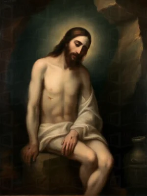 Retrato de Cristo sentado, con expresión melancólica y un fondo oscuro. | CUADROS DE ATREZZO PARA CINE Y PUBLICIDAD