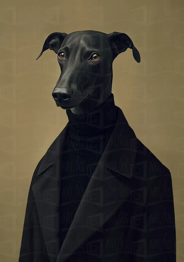 Retrato de un galgo con un abrigo negro y fondo beige. | CUADROS DE ATREZZO PARA CINE Y PUBLICIDAD