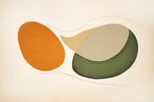 Composición abstracta con formas orgánicas en colores naranja, verde y beige. | CUADROS DE ATREZZO PARA CINE Y PUBLICIDAD