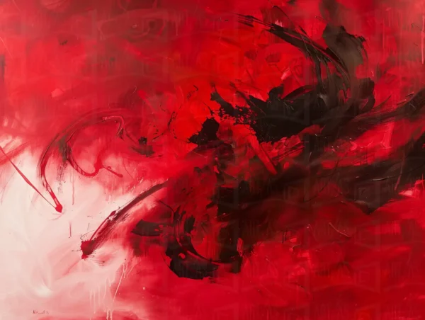 Obra abstracta con predominancia de rojo y negro, con trazos dinámicos y formas fluidas. | CUADROS DE ATREZZO PARA CINE Y PUBLICIDAD