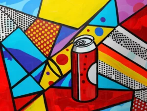 Obra abstracta con una lata de refresco en el centro y un fondo colorido. | CUADROS DE ATREZZO PARA CINE Y PUBLICIDAD