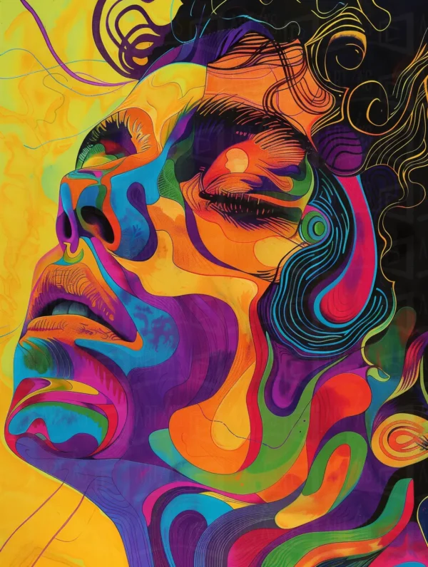 Retrato abstracto de una figura humana con colores vibrantes y formas fluidas. | CUADROS DE ATREZZO PARA CINE Y PUBLICIDAD