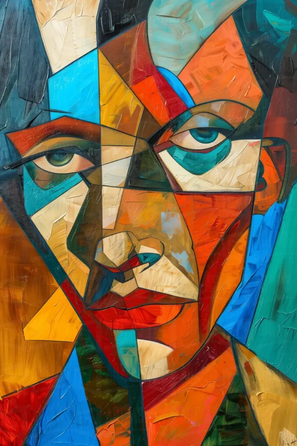 Retrato abstracto de un rostro con formas geométricas y colores vibrantes. | CUADROS DE ATREZZO PARA CINE Y PUBLICIDAD