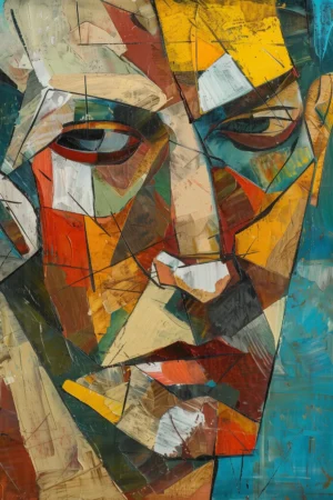 Retrato abstracto de un rostro con formas geométricas y colores variados. | CUADROS DE ATREZZO PARA CINE Y PUBLICIDAD