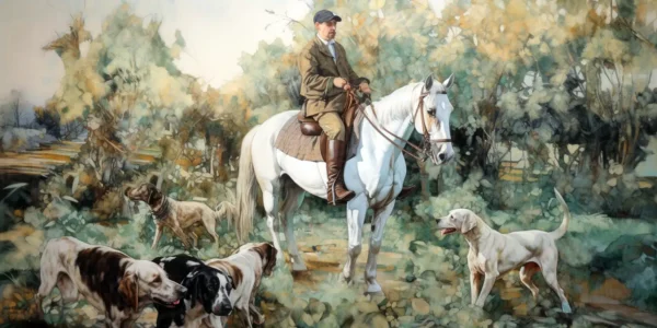 Hombre montando un caballo blanco rodeado de perros en un entorno natural. | CUADROS DE ATREZZO PARA CINE Y PUBLICIDAD