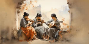 Tres mujeres tocando instrumentos musicales en un entorno natural. | CUADROS DE ATREZZO PARA CINE Y PUBLICIDAD