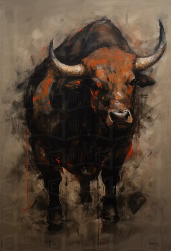 Retrato de un toro con fondo neutro y detalles en tonos cálidos. | CUADROS DE ATREZZO PARA CINE Y PUBLICIDAD