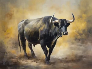 Retrato de un toro negro en un fondo difuminado. | CUADROS DE ATREZZO PARA CINE Y PUBLICIDAD