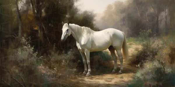 Caballo blanco en un entorno natural con vegetación. | CUADROS DE ATREZZO PARA CINE Y PUBLICIDAD