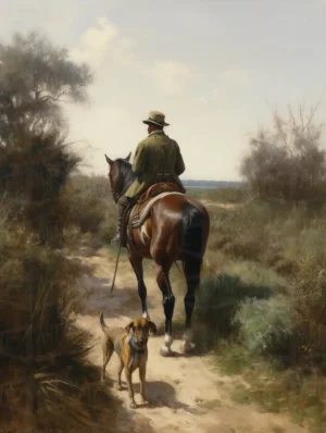 Hombre montando a caballo con un perro en un sendero rural. | CUADROS DE ATREZZO PARA CINE Y PUBLICIDAD