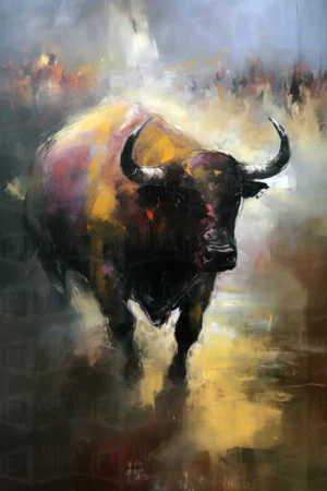 Retrato de un toro en un entorno abstracto con colores vibrantes. | CUADROS DE ATREZZO PARA CINE Y PUBLICIDAD