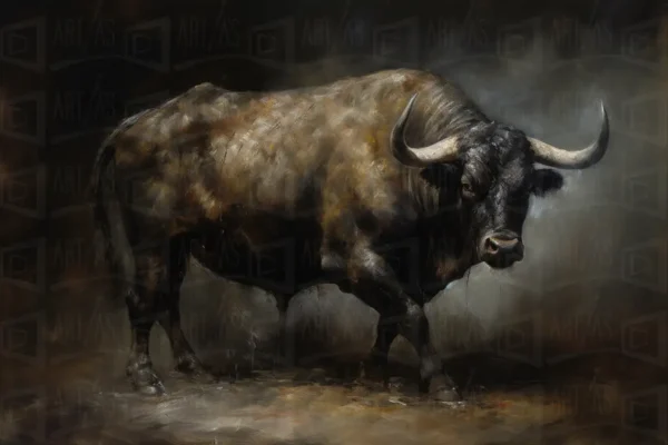 Retrato de un toro en un entorno oscuro. | CUADROS DE ATREZZO PARA CINE Y PUBLICIDAD