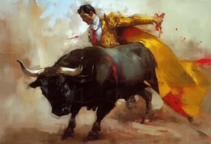 Escena de un torero en acción con un toro en primer plano. | CUADROS DE ATREZZO PARA CINE Y PUBLICIDAD