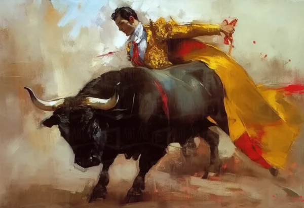 Escena de un torero en acción con un toro en primer plano. | CUADROS DE ATREZZO PARA CINE Y PUBLICIDAD