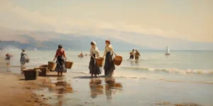 Escena de mujeres en la playa recolectando mariscos con cestas. | CUADROS DE ATREZZO PARA CINE Y PUBLICIDAD