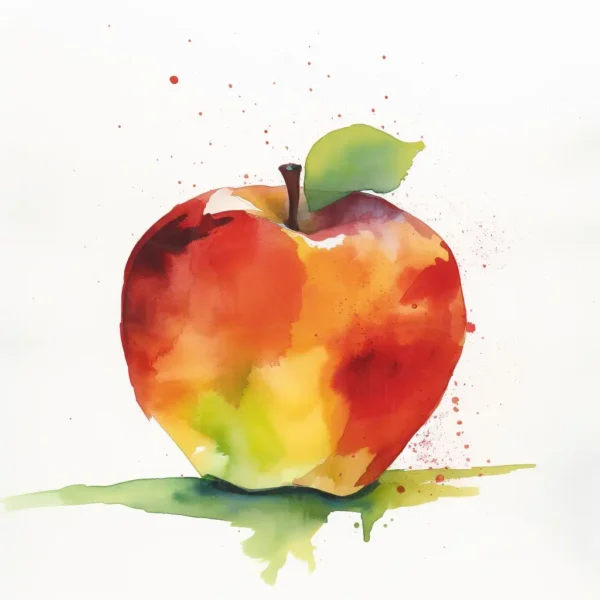 Ilustración de una manzana con colores vibrantes y salpicaduras de pintura. | CUADROS DE ATREZZO PARA CINE Y PUBLICIDAD