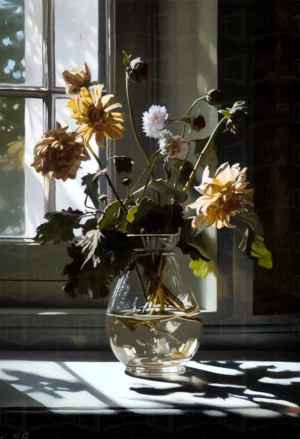 Naturaleza muerta con un jarrón de flores sobre una mesa junto a una ventana. | CUADROS DE ATREZZO PARA CINE Y PUBLICIDAD