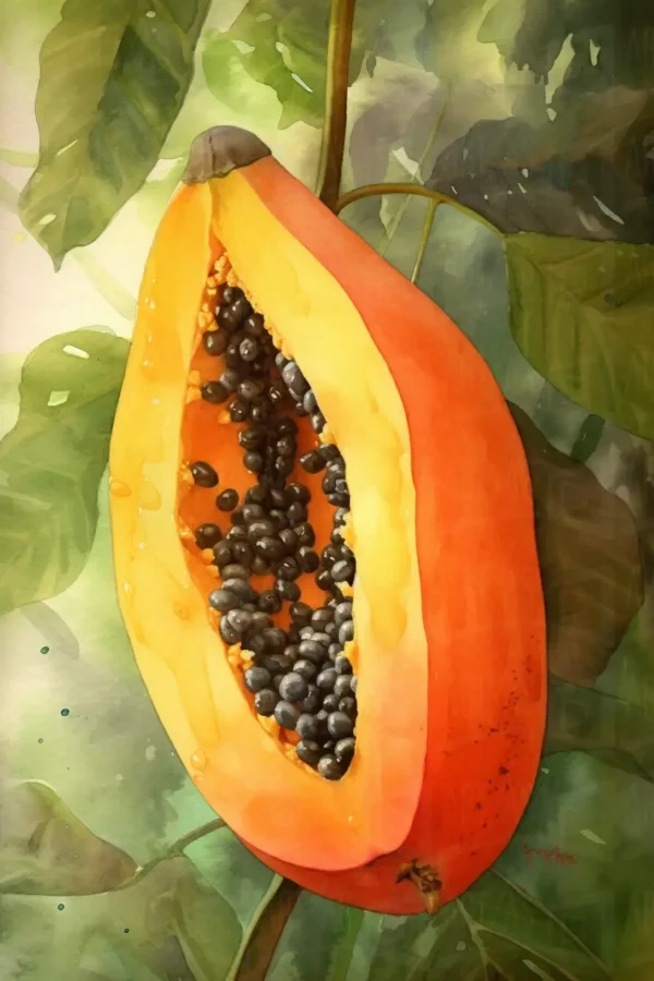 Fruta de papaya cortada mostrando su pulpa y semillas. | CUADROS DE ATREZZO PARA CINE Y PUBLICIDAD