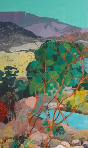 Paisaje con vegetación colorida y montañas al fondo. | CUADROS DE ATREZZO PARA CINE Y PUBLICIDAD