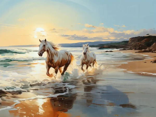 Caballos corriendo en la playa al atardecer. | CUADROS DE ATREZZO PARA CINE Y PUBLICIDAD