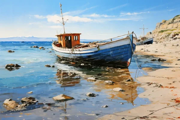 Barco de pesca encallado en la playa con rocas y mar al fondo. | CUADROS DE ATREZZO PARA CINE Y PUBLICIDAD