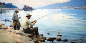 Dos hombres pescando en la orilla de un río con un paisaje montañoso al fondo. | CUADROS DE ATREZZO PARA CINE Y PUBLICIDAD