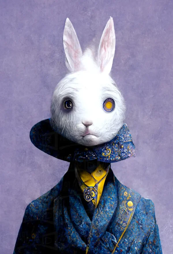 Retrato de un conejo con un traje azul y un fondo morado. | CUADROS DE ATREZZO PARA CINE Y PUBLICIDAD