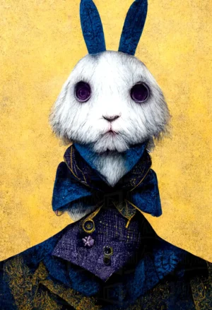 Retrato de un conejo con traje y pajarita, fondo amarillo. | CUADROS DE ATREZZO PARA CINE Y PUBLICIDAD